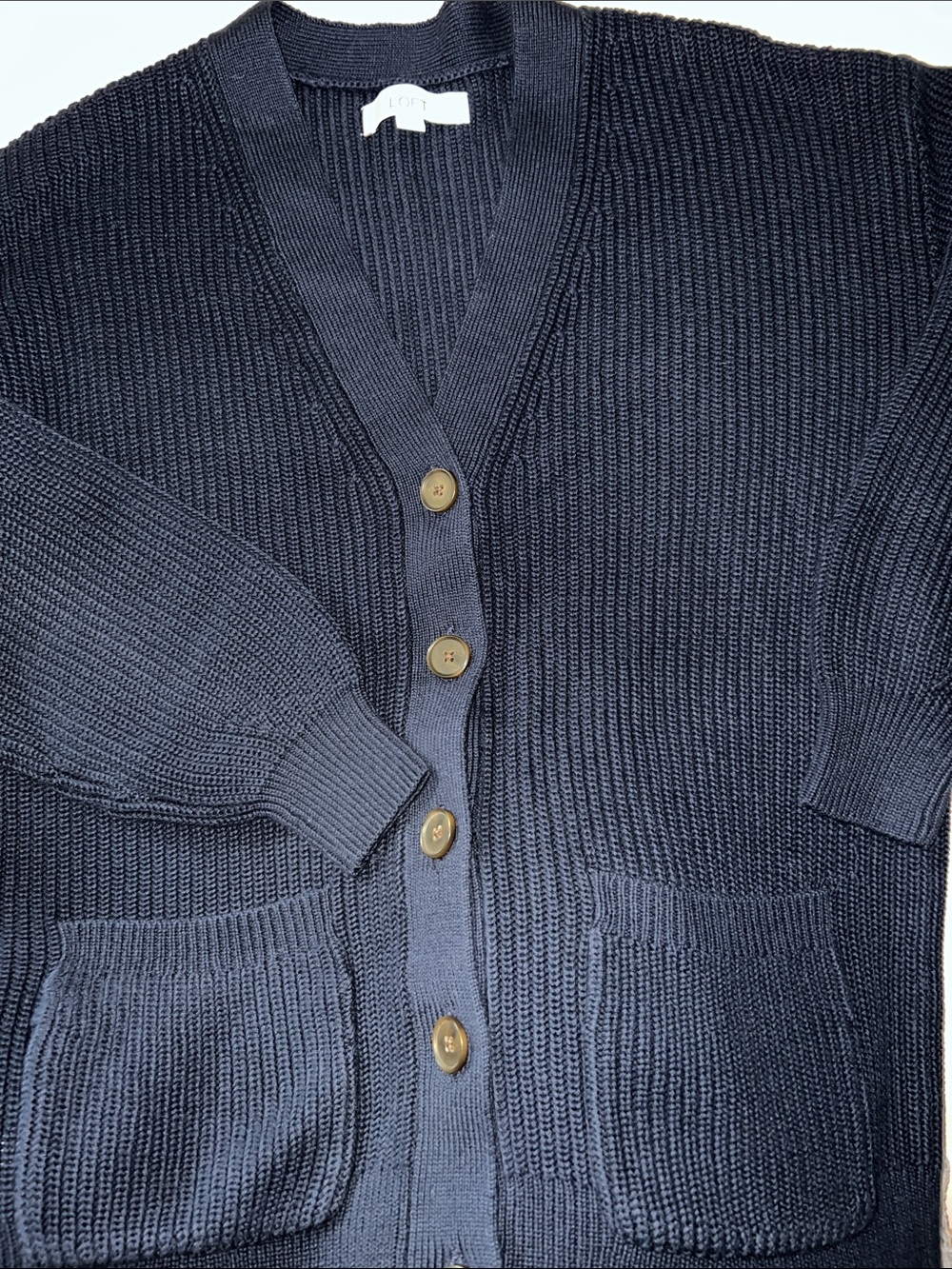 LOFT Navy Knit V-Neck Button Front Cardigan
